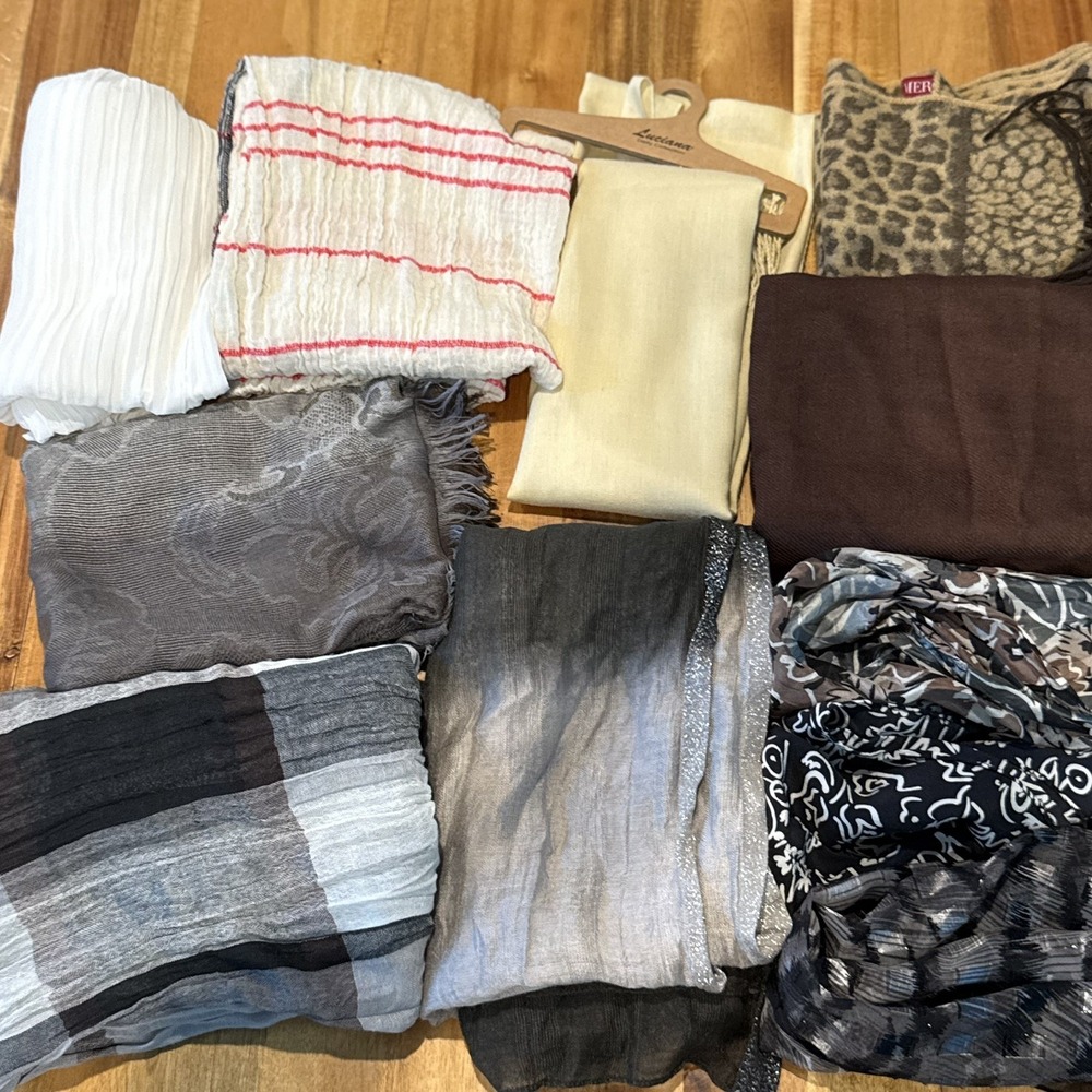 Women's Scarf Lot of 11 Neutral Black Gray Cream Brown Leopard Wraps Mixed Style